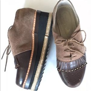 Aurora Conejero High Platform Loafer Brown Leather Fringe Size 6.5